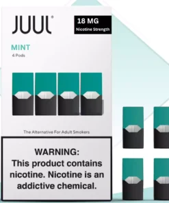 Pack of JUUL Mint-flavored pods, 18MG nicotine strength, with sleek black and green packaging."