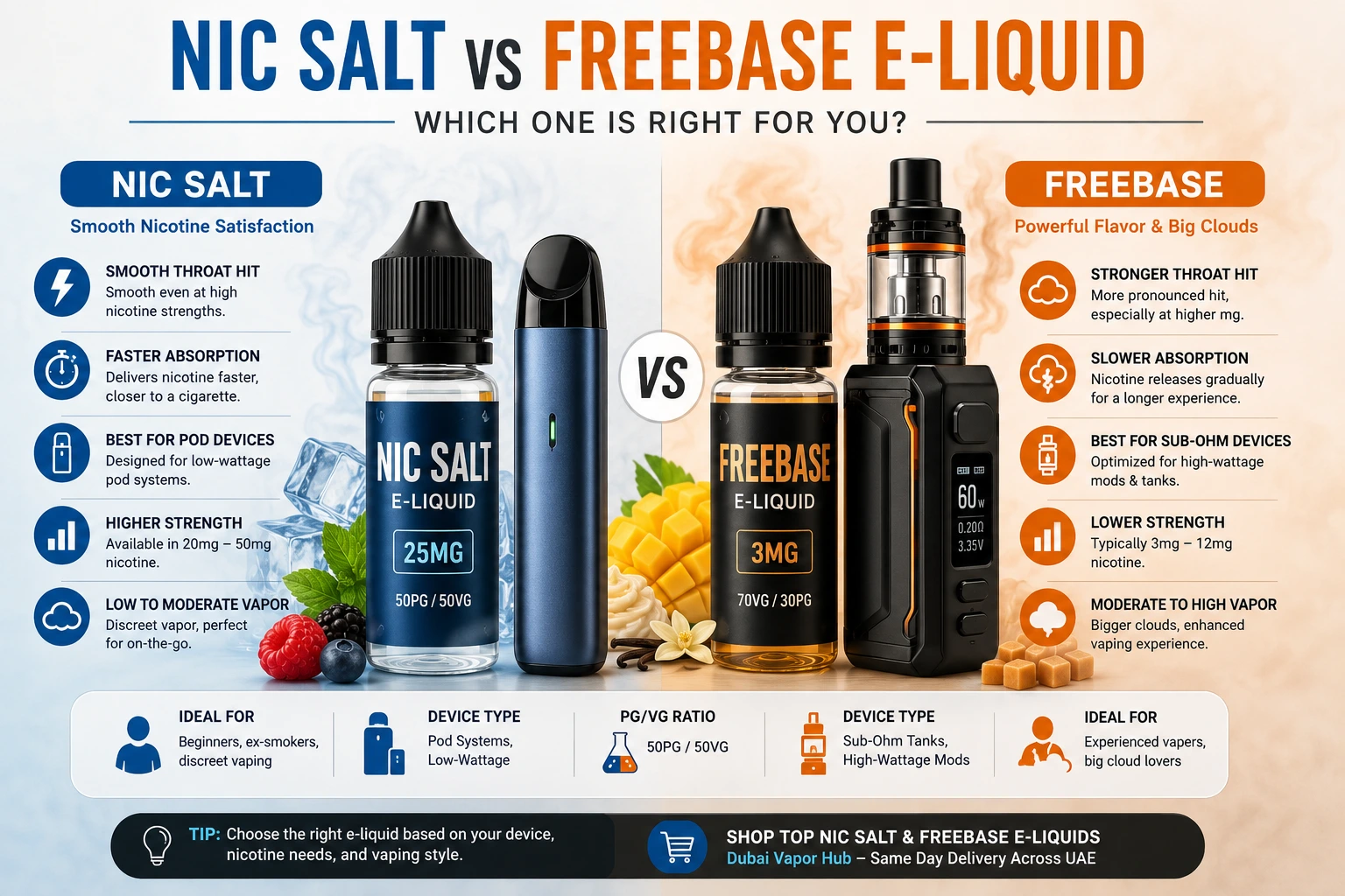 Nic salt vs freebase e-liquid comparison guide for Dubai and UAE vapers